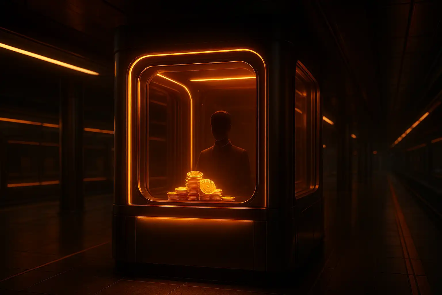 Glowing bonus ticket booth in a metro-styled casino corridor