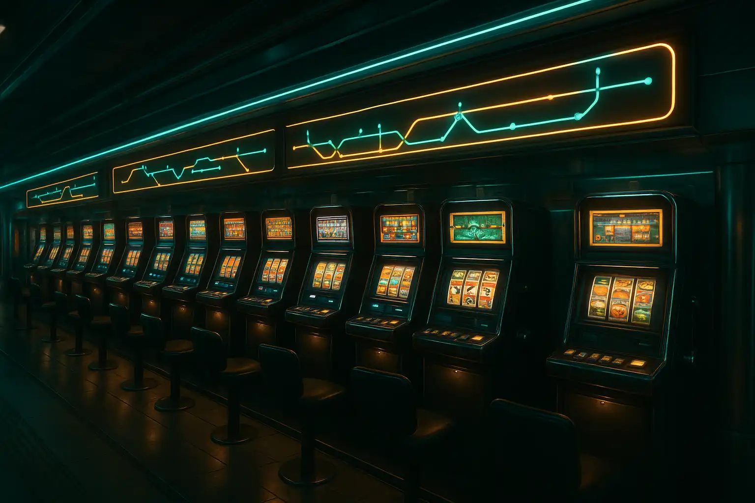 Row of illuminated slot machines styled like a metro station platform